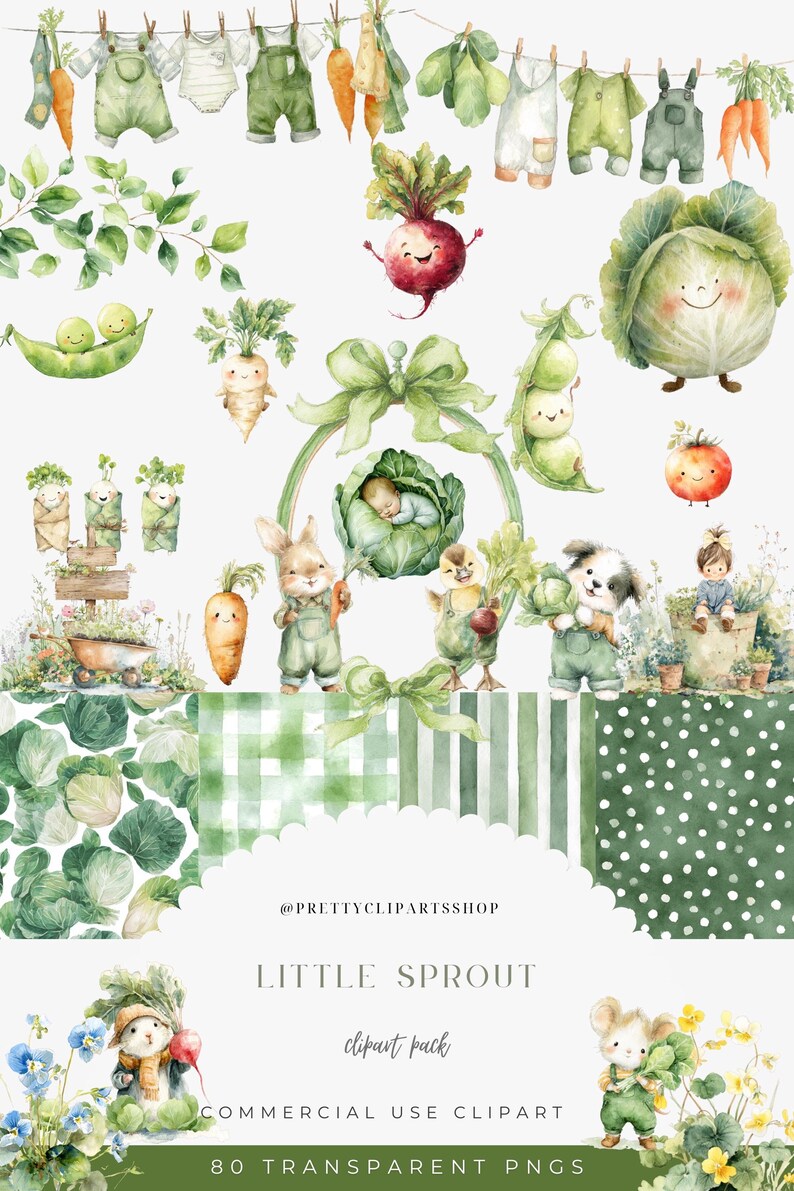 May include: Watercolor clipart pack featuring whimsical illustrations of vegetables, baby clothes, and adorable animal characters. The design includes a baby sleeping in a cabbage, a bunny holding a carrot, and the text "Little Sprout".