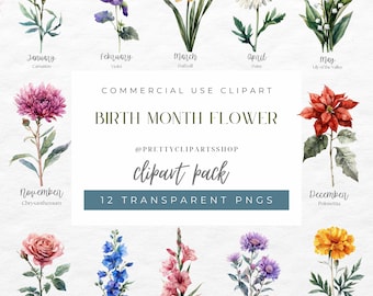 May include: A collection of watercolor birth month flower clip art. Each flower is labeled with its month and name, including carnation, violet, daffodil, daisy, lily of the valley, rose, larkspur, gladiolus, aster, marigold, chrysanthemum, and poinsettia.