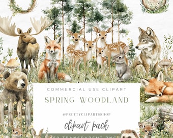 Watercolor Woodland Animals Clipart: Spring Forest PNG (Digital Download)
