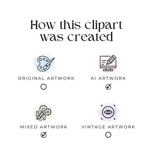 May include: A graphic showing how a clipart image was created. The options are original artwork, AI artwork, mixed artwork, and vintage artwork. The checkmark is next to mixed artwork.
