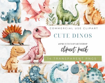 Cute Dino Watercolor Cliparts, Baby Shower, Nursery Clipart, Dinosaur Birthday Party Decor, Commercial Use