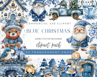 May include: Blue Christmas clipart pack with 50 transparent PNGs.  Includes a blue house, a blue truck with a Christmas tree, a blue gnome, a blue bear, a blue Santa Claus, a blue gingerbread man, a blue bird, a blue fireplace, a blue angel, a blue fox, a blue deer, a blue door, and a blue Christmas tree.