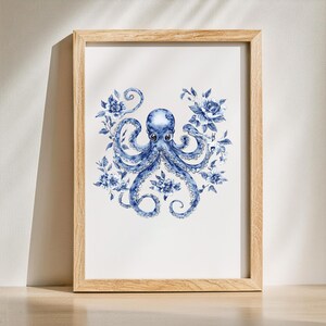 May include: A blue and white watercolor illustration of an octopus surrounded by flowers. The octopus has eight tentacles and is depicted in a stylized, whimsical manner.