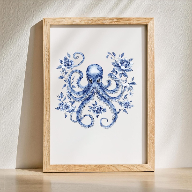 May include: A blue and white watercolor illustration of an octopus surrounded by flowers. The octopus has eight tentacles and is depicted in a stylized, whimsical manner.