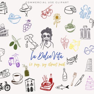60+ Whimsical Hand-Drawn Doodle Italian PNG Clipart Wedding SVG Clipart Mediterranean Icons for Invitations Italy Wedding Commercial Use