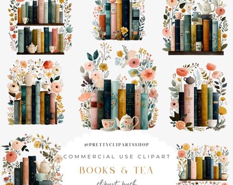 Puede incluir: Conjunto de imágenes prediseñadas en acuarela con libros, tazas de té y teteras, rodeadas de arreglos florales. El texto "BOOKS & TEA clipart pack" es visible. Las imágenes utilizan una paleta de colores pastel, ideal para proyectos de arte digital.