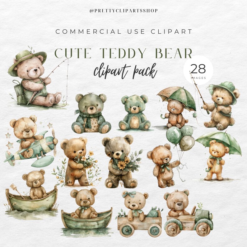 Watercolor Teddy Bear Clipart Bundle: Green Boho Baby Shower PNG ...