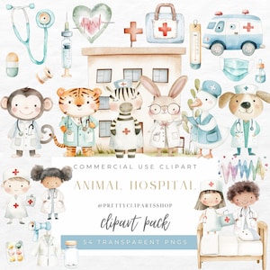 Lindos animales de hospital PNG clipart enfermera doctor médico atención médica gráficos elementos medicinales uso comercial decoración de guardería descarga digital