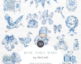 Blue Toile Baby Clipart, It's A Boy Baby Shower, Watercolor Floral Chinoiserie, Vintage French Nursery PNG Digital Download