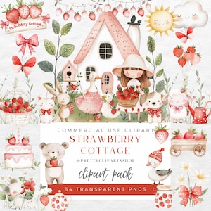 Strawberry Cottage Primavera Acquerello PNG Clipart Animali carini Fattoria rustica Vichy rosso Pois Asilo nido Bambini Clipart Uso commerciale