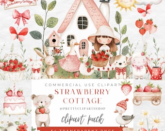 Puede incluir: Paquete de imágenes prediseñadas de acuarela con temática de cabaña de fresas. Incluye ilustraciones de una casa, una niña, animales, fresas y elementos decorativos. El texto "Strawberry Cottage" y "clipart pack" son visibles.