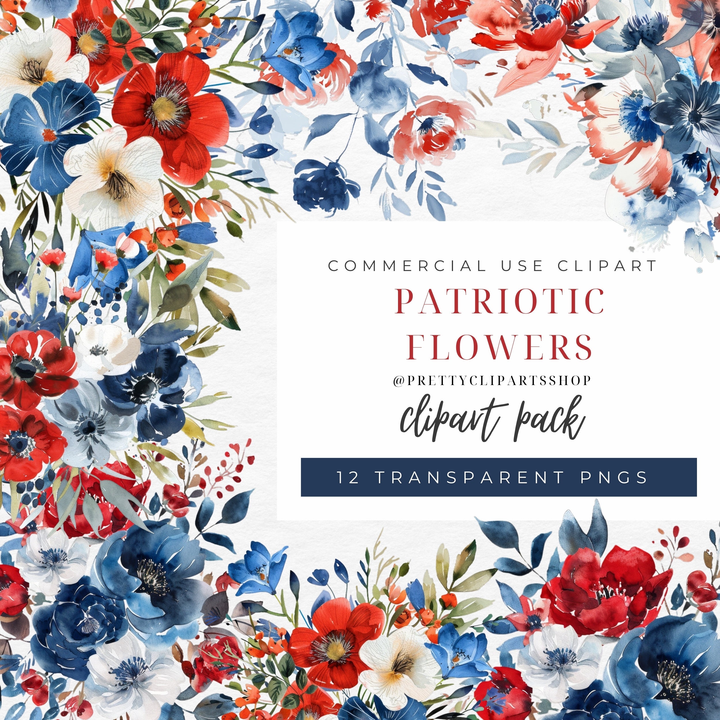 Patriotic Flowers Watercolor Clipart: 4th of July PNG (commercial Use ...