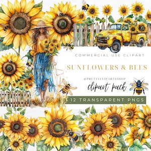 Sunflower and Bee Watercolor Clipart: Summer Floral PNG (Commercial Use)