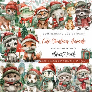 Simpatici animali di Natale clipart ad acquerello, decorazioni per la cameretta di Natale, creazione di cartoline, caro, orsacchiotto, coniglietto, gatto, volpe, cane, topo illustrazioni