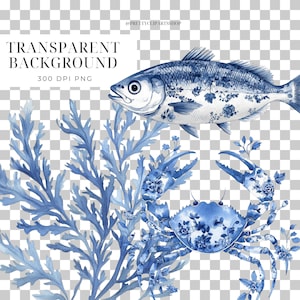 May include: Blue and white watercolor illustration of a fish, crab, and seaweed. The fish has a floral pattern and is swimming to the right. The crab has a floral pattern and is facing forward. The seaweed is in the background and is on the left side of the image.