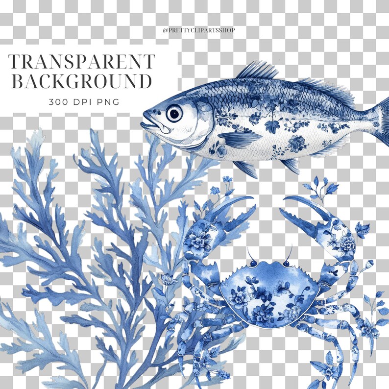 May include: Blue and white watercolor illustration of a fish, crab, and seaweed. The fish has a floral pattern and is swimming to the right. The crab has a floral pattern and is facing forward. The seaweed is in the background and is on the left side of the image.