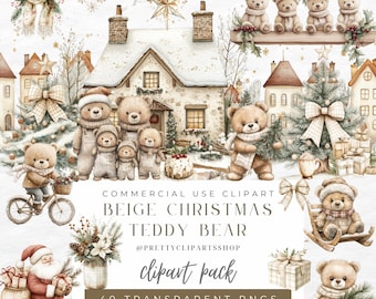 Clipart rustieke kerstteddybeer: beige aquarel, png-bestand (commercieel gebruik)
