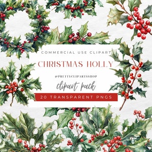 Watercolor Christmas Holly Clipart, Christmas Wreath PNG, Commercial Use, Holiday Flower Decor, Digital Download