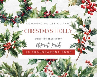 Watercolor Christmas Holly Clipart, Christmas Wreath PNG, Commercial Use, Holiday Flower Decor, Digital Download