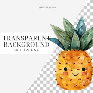 May include: A watercolor illustration of a smiling pineapple with green leaves. The pineapple is yellow and has a cute face. The background is transparent.