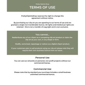 May include: A digital document titled "TERMS OF USE" from Pretty ClipArts Shop. The document outlines usage rights, including what is and isn't permitted, such as redistribution or modification of the clip art. It also details personal and commercial use licenses.