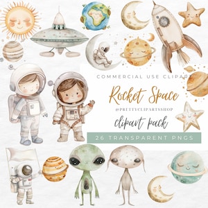 Aquarell Weltraum Clipart Bundle Astronaut Rakete PNG, kommerzielle Nutzung, Neutral Kindergarten Clipart, digitaler Download