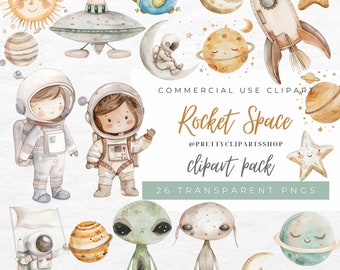 Watercolor Space Clipart Bundle Astronaut Rocket PNG, Commercial Use, Neutral Nursery Clipart, Digital Download