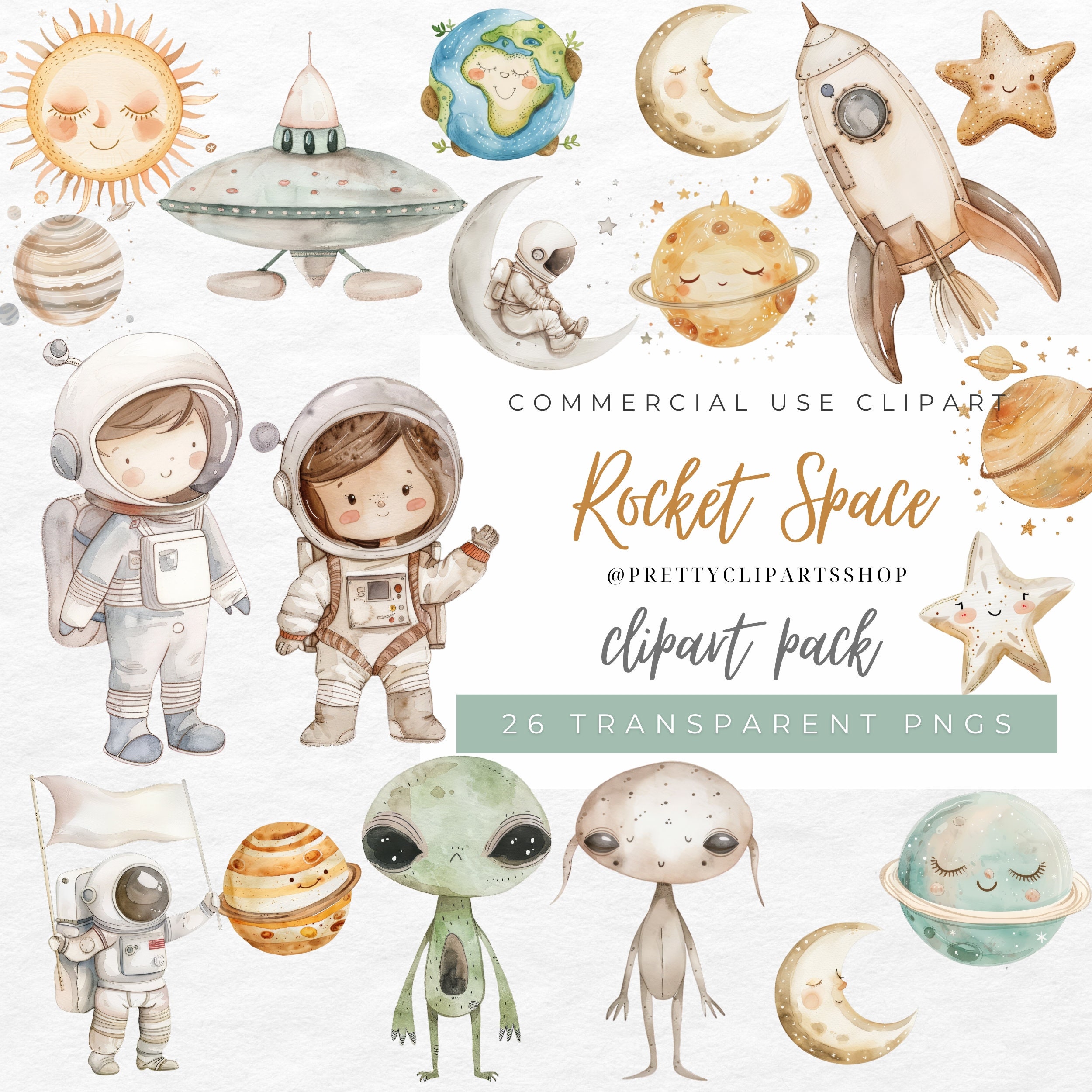 Watercolor Space Clipart Bundle Astronaut Rocket PNG, Commercial Use ...