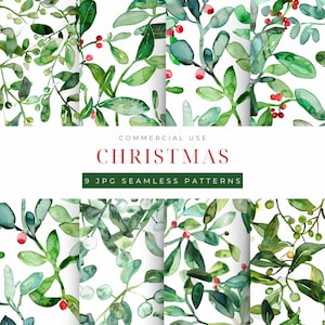 Watercolor Christmas Greenery Seamless Pattern: Poinsettia & Holly (Digital Paper)