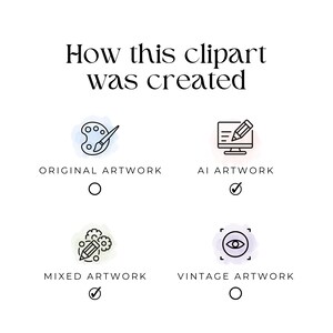 May include: A graphic showing how a clipart image was created. The options are original artwork, AI artwork, mixed artwork, and vintage artwork. The option for mixed artwork is selected.