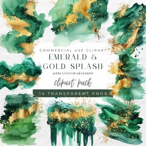 Emerald Green Christmas Clipart, Watercolor Abstract Splash, Gold Glitter PNG, Commercial Use, Brush Stroke, Watercolor Splashes