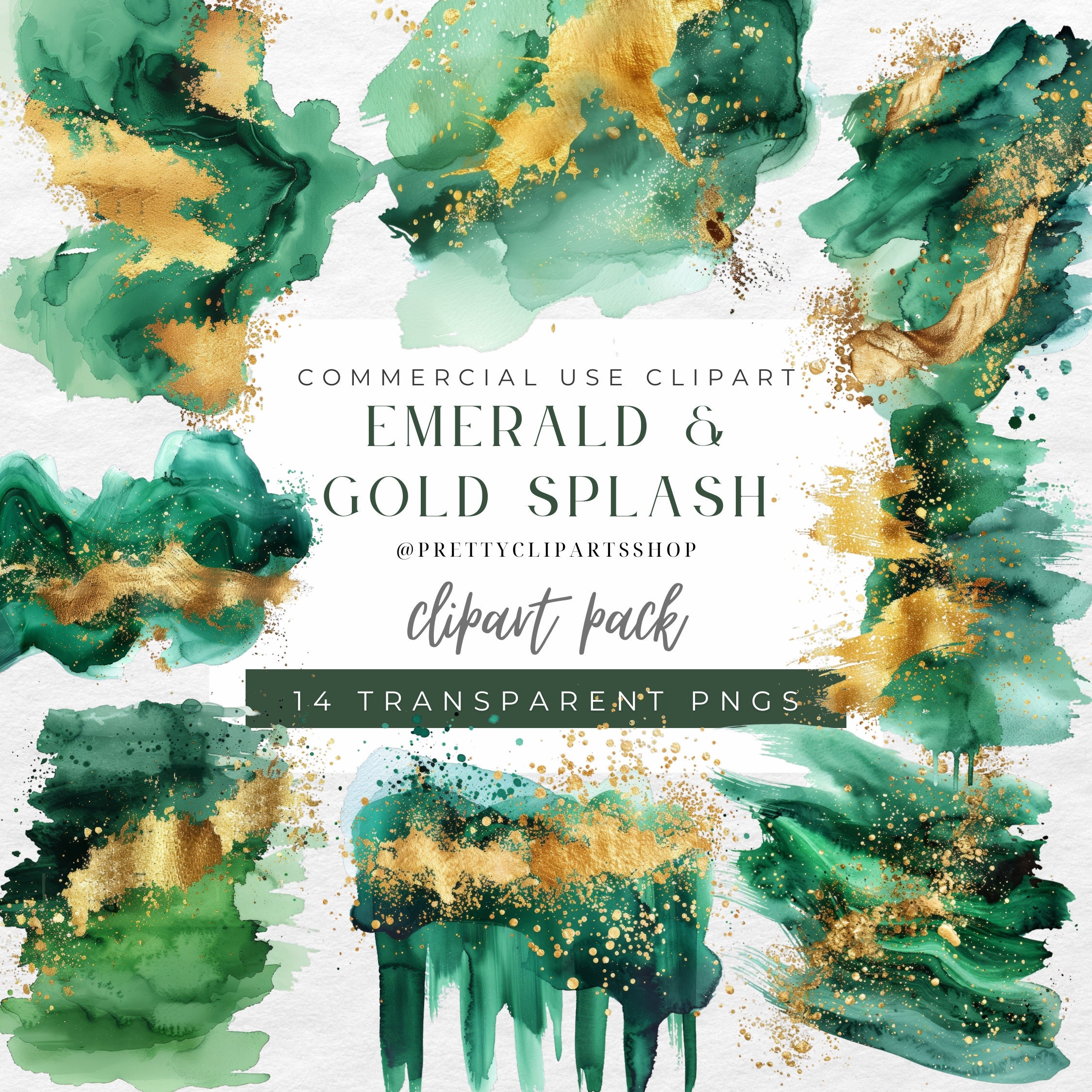 Emerald Green Christmas Clipart, Watercolor Abstract Splash, Gold Glitter PNG, Commercial Use, Brush Stroke, Watercolor Splashes