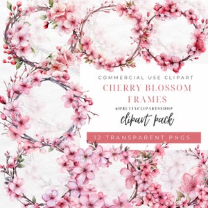 Imágenes prediseñadas de marco de flor de cerezo, acuarela Sakura Blossom PNG, superposiciones de primavera de marco floral, uso comercial, marcos ovalados de flores rosas