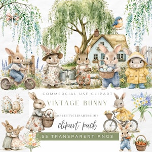 Clipart coniglietto vintage Pasqua Primavera Acquerello Cottagecore Uso commerciale Festa di compleanno Baby shower Fiori di campo Sublimazione PNG