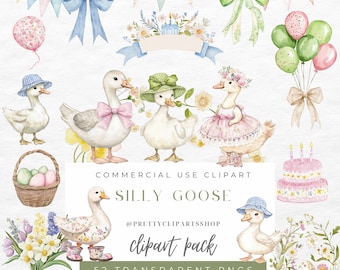 Silly Goose Watercolor Clipart: Spring, Cottagecore (52 PNGs)