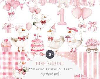 Pink Silly Goose Watercolor Clipart Bundle, Coquette Birthday, Nursery Decor, Boho Baby Shower Clip Art, Baby Girl Birthday PNG.