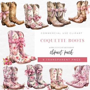 Coquette Cowgirl Boots Clipart: Pink Bows, Commercial Use (PNG)