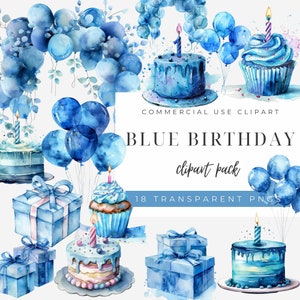 Set di clipart di compleanno blu, torta e palloncini ad acquerello, download istantaneo per la celebrazione della festa, uso commerciale