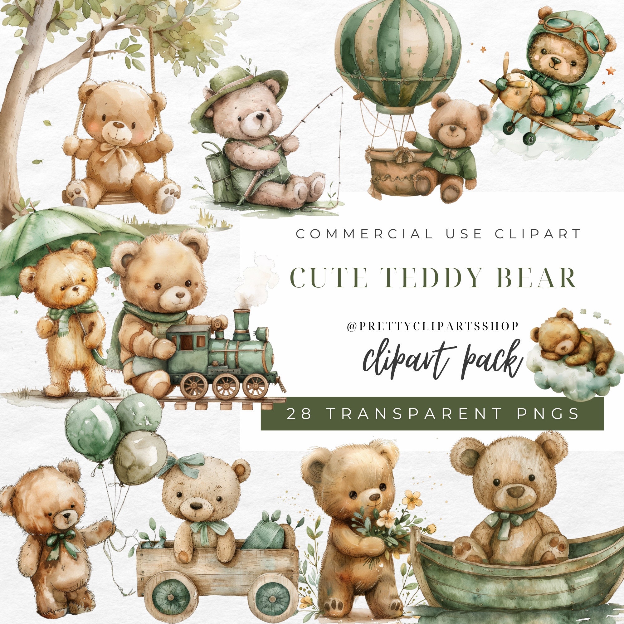 Watercolor Teddy Bear Clipart Bundle: Boho Nursery, Baby Shower ...