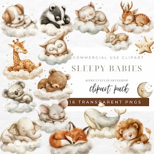 Clipart de animal bebê dormindo, aquarela neutra PNG, berçário de floresta, uso comercial, decoração de chá de bebê, berçário safari