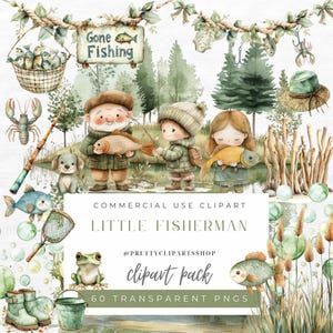 Petit pêcheur aquarelle Clipart pêcheur poisson esthétique baby shower ensemble de pêche Images de scrapbooking fête d'anniversaire de pêche
