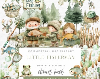 Little Fisherman Watercolor Clipart: Fishing Theme (PNG Digital Download)