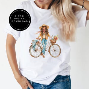 Clipart aquarelle fille sur vélo usage commercial PNG Transparent clipart, fille mode bohème, floral printemps