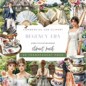 Bundle de cliparts PNG aquarelle de l'époque Régence pour un usage commercial, orgueils et préjugés, Jane Austen, Bridgerton Style Clipart, clipart femme patron
