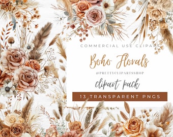 May include: A digital clipart pack of 13 boho floral illustrations. The illustrations feature beige, brown, and white flowers, leaves, and pampas grass. The text "Boho Florals" and "clipart pack" is included in the image.