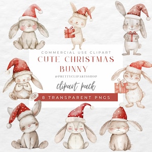 Süße Weihnachtshase Aquarell Kindergarten Clipart, kommerzielle Nutzung, niedliche Tiere PNG, Kinderzimmer Wandkunst, digitaler Download