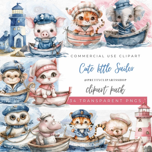 Cute Little Sailor Watercolor Clipart, Baby Shower Clipart, Nursery Baby Animals, Nautical, Summer PNG, Cute Teddy Bear