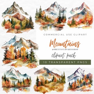Watercolor Mountain Clipart: Autumn Forest Landscapes (Digital Download)