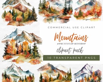 Op de afbeelding: Een digitaal clipart-pakket met 10 aquarel-illustraties van bergen met herfstbladeren. De bergen zijn geschilderd in tinten blauw, bruin en wit, met accenten van oranje en geel. Het gebladerte is een mix van groen, oranje, geel en rood. De tekst "Mountains clipart pack" en "10 transparent PNGs" is opgenomen in de afbeelding.