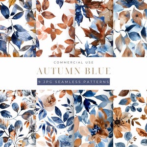 9 Herbst blau Aquarell Musterdesign Digitales Papier Herbst Blumenmuster Kommerzielle Nutzung Braun und Blau Blumen Digitaler Download
